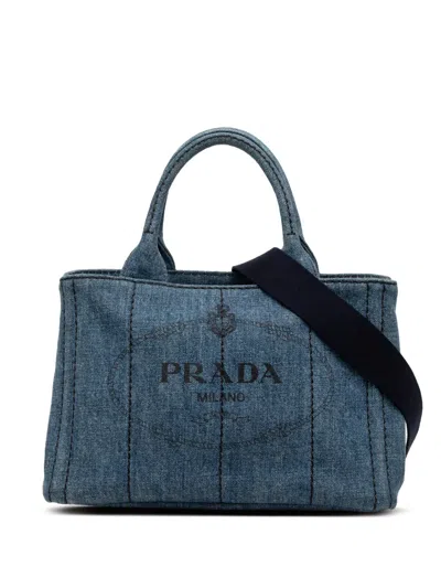 Pre-owned Prada 2013-2026 Small Denim Canapa Logo Satchel In Blue