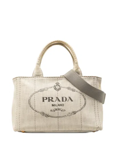 Pre-owned Prada 2013-2026 Small Denim Canapa Logo Satchel In Gray
