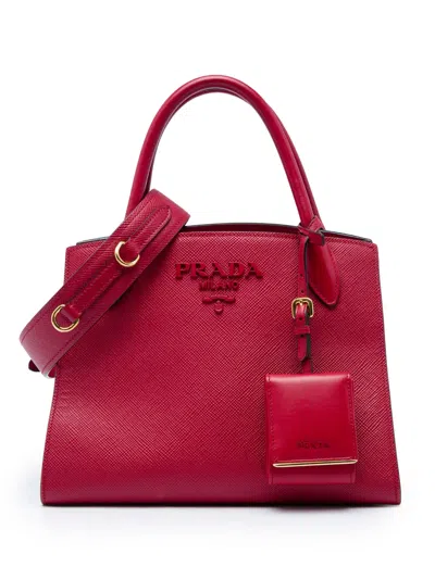 Pre-owned Prada 2013-2026 Small Saffiano Cuir Monochrome Top Handle Tote Satchel In 红色