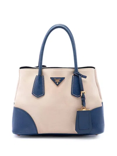 Pre-owned Prada 2013-2026 Small Saffiano Cuir Trimmed Canvas Double Satchel In Blue