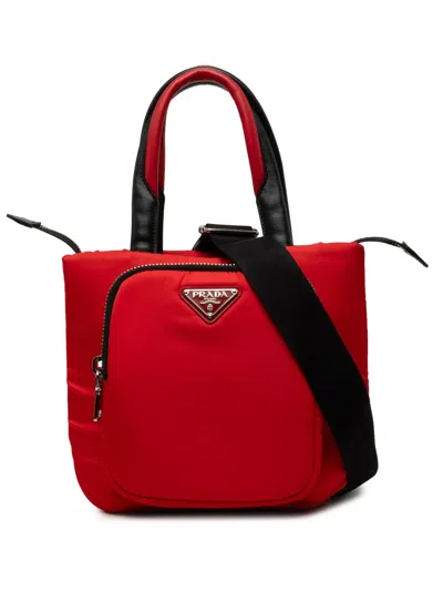 Pre-owned Prada 2013-2026 Small Tessuto Pocket Cargo Tote Satchel In Red