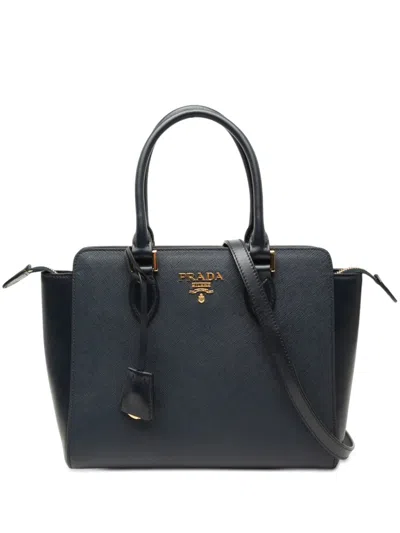 Pre-owned Prada 2013-2026 Soft Calf Trimmed Saffiano Lux Open Convertible Tote Satchel In Black