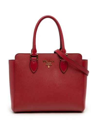 Pre-owned Prada 2013-2026 Soft Calf Trimmed Saffiano Lux Zip Convertible Tote Satchel In Red
