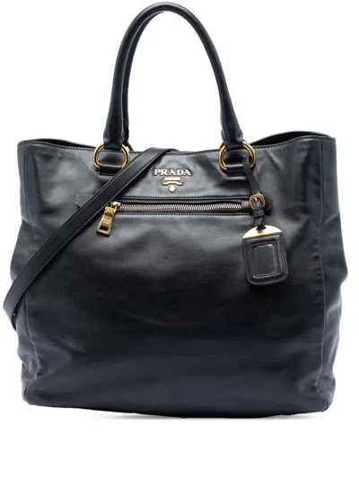 Pre-owned Prada 2013-2026 Soft Calfskin Convertible Shopping Tote Satchel In Black