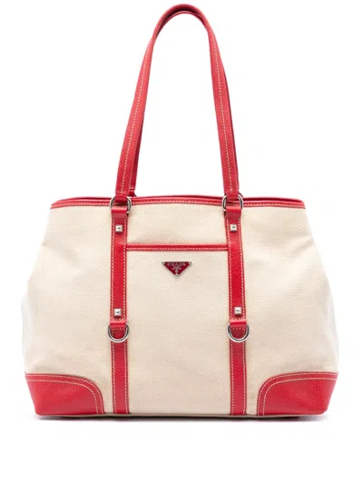 Pre-owned Prada 2013-2026 Studded Leather Trimmed Canvas Front Pocket Tote Bag In Neutral