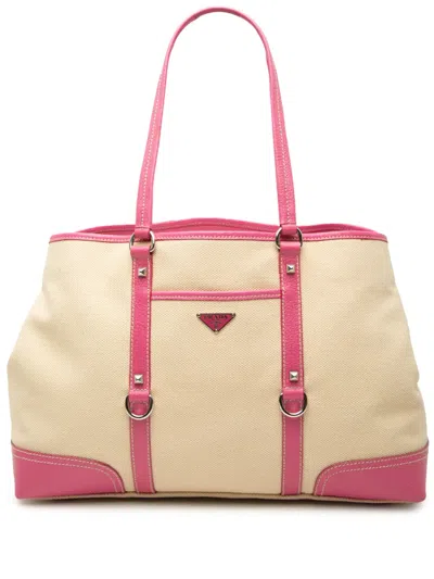 Pre-owned Prada 2013-2026 Studded Leather Trimmed Canvas Front Pocket Tote Satchel In Pink