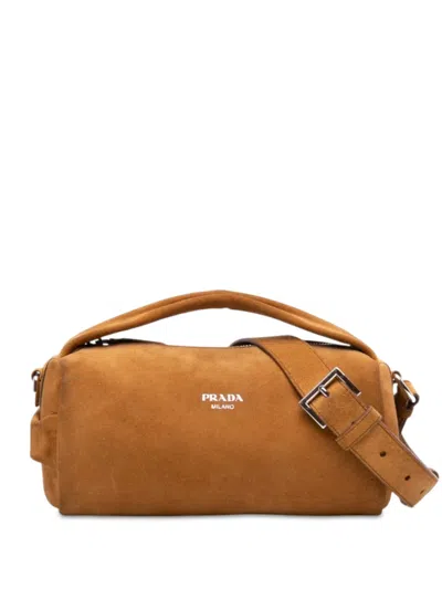 Pre-owned Prada 2013-2026 Suede Top Handle Satchel In Brown