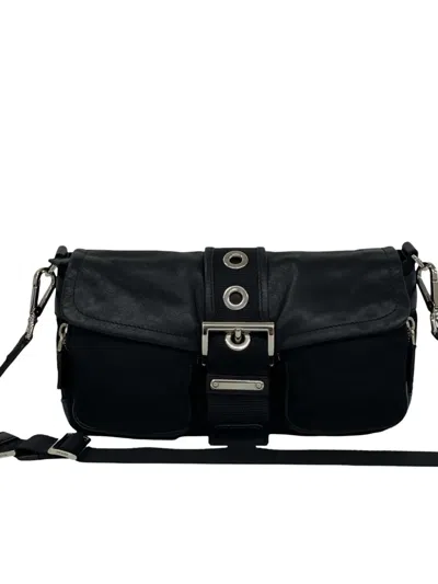 Pre-owned Prada 2013-2026 Tessuto And Calfskin Crossbody Bag In Black