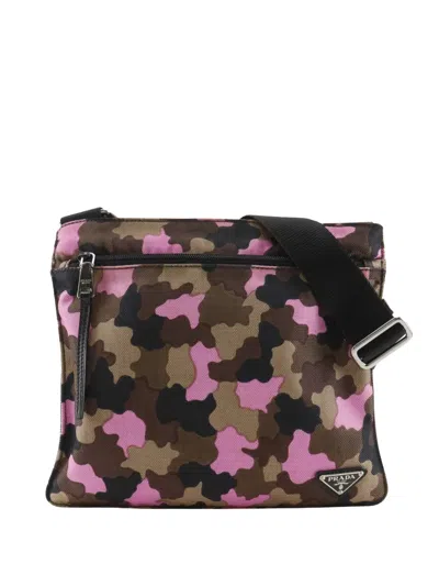 Pre-owned Prada 2013-2026 Tessuto Camouflage Zip Top Crossbody Bag In Brown
