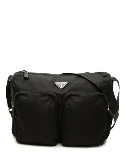 Pre-owned Prada 2013-2026 Tessuto Double Pocket Zip Top Crossbody Bag In Black