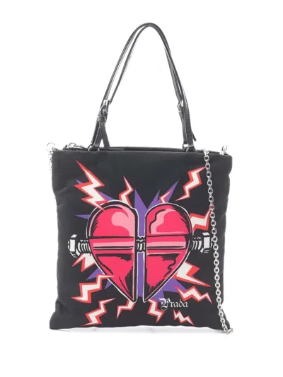Pre-owned Prada 2013-2026 Tessuto Frankenstein Heart Satchel In Black