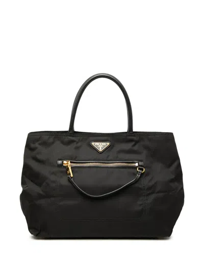 Pre-owned Prada 2013-2026 Tessuto Front Pocket Convertible Tote Satchel In Black