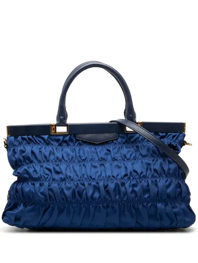 Pre-owned Prada 2013-2026 Tessuto Gaufre Frame Satchel In Blue