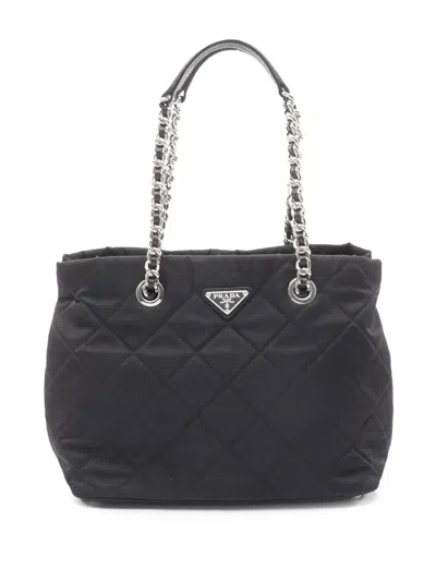 Pre-owned Prada 2013-2026 Tessuto Impuntu Chain Tote Bag In Black