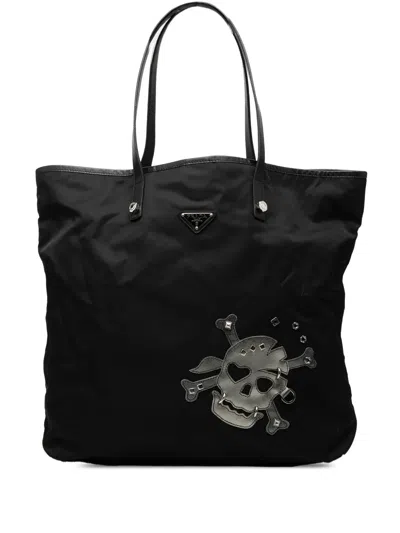 Pre-owned Prada 2013-2026 Tessuto Skull Tote Bag In Black