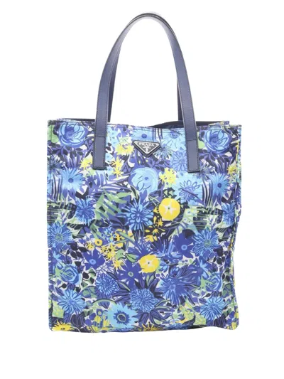 Pre-owned Prada 2013-2026 Tessuto Stampato Flower Tote Bag In Blue