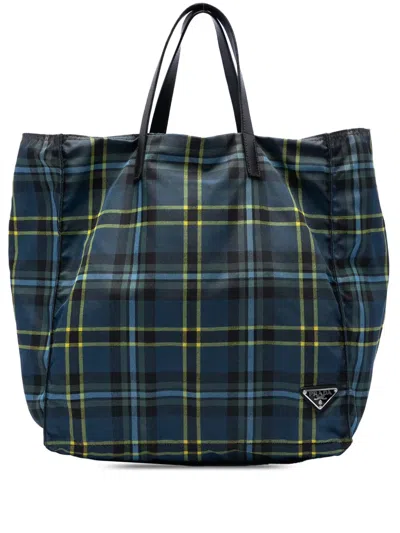 Pre-owned Prada 2013-2026 Tessuto Stampato Plaid Tote Bag In Blue