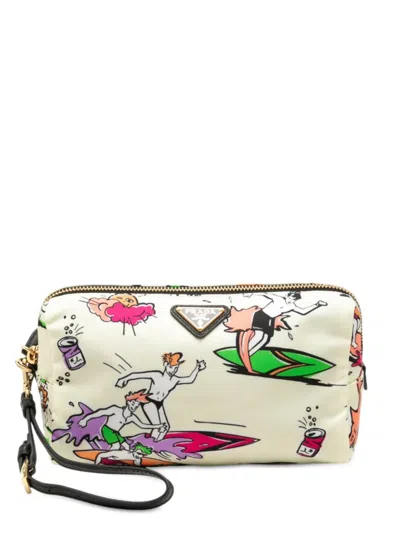 Pre-owned Prada 2013-2026 Tessuto Stampato Surf Cosmetic Pouch In White