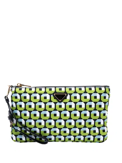 Pre-owned Prada 2013-2026 Tessuto Stampato Wristlet Clutch Bag In Green