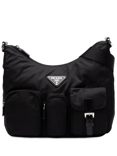 Pre-owned Prada 2013-2026 Tessuto Triple Pocket Zip Top Crossbody Bag In Black