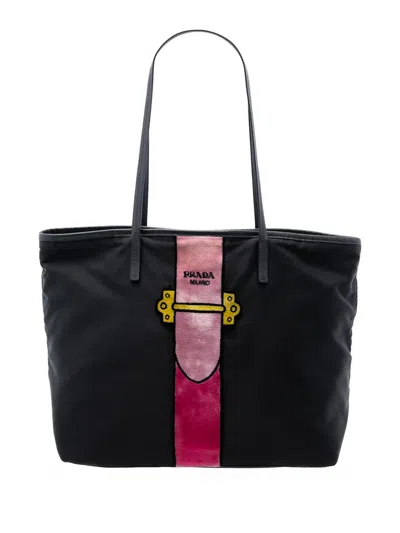 Pre-owned Prada 2013-2026 Tessuto Velluto Ricamo Trompe L Oeil Tote Bag In Black