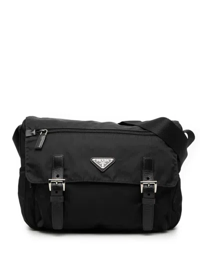 Pre-owned Prada 2013-2026 Tessuto Zip Double Buckle Messenger Bag Crossbody Bag In Black