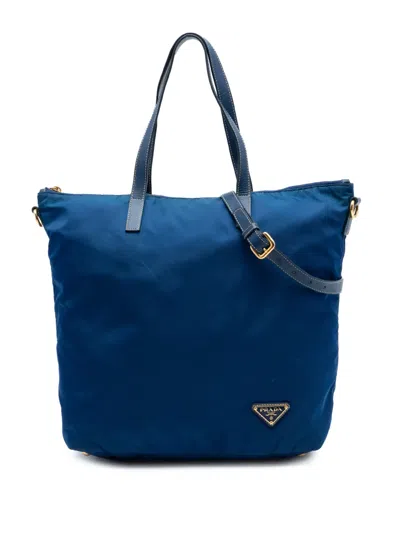 Pre-owned Prada 2013-2026 Tessuto Zip Top Convertible Tote Satchel In Blue