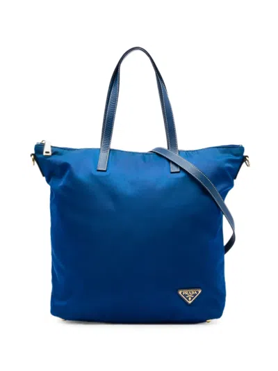 Pre-owned Prada 2013-2026 Tessuto Zip Top Convertible Tote Satchel In Blue