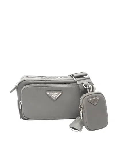 Pre-owned Prada 2013-2026 Textured Leather And Re-nylon Crossbody Bag In Gray