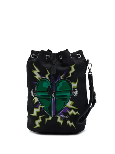 Pre-owned Prada 2013-2026 Universal Studios Tessuto Frankenstein Heart Drawstring Pouch In Black