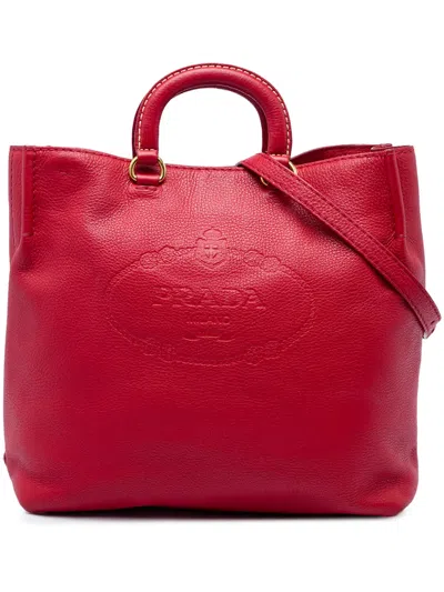 Pre-owned Prada 2013-2026 Vitello Daino Canapa Logo Open Convertible Tote Satchel In Red