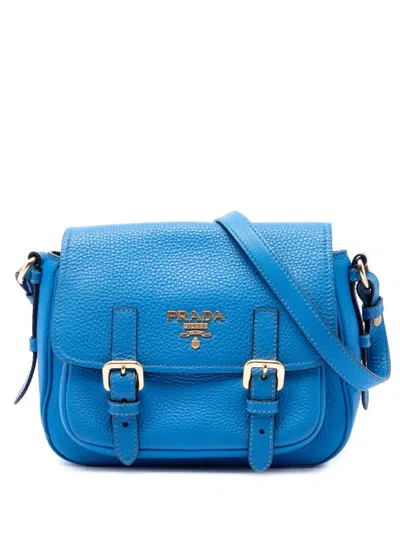Pre-owned Prada 2013-2026 Vitello Daino Double Buckle Messenger Bag Crossbody Bag In Blue