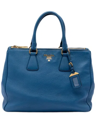 Pre-owned Prada 2013-2026 Vitello Daino Double Zip Convertible Tote Satchel In Blue