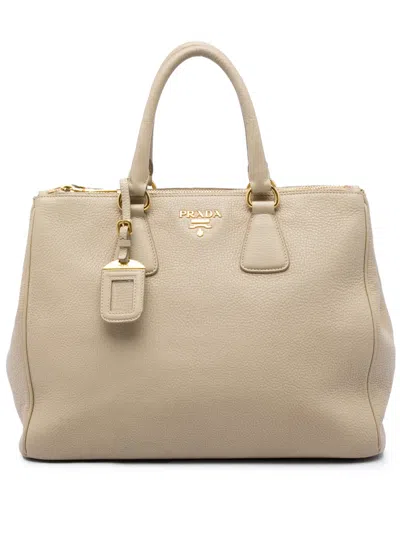 Pre-owned Prada 2013-2026 Vitello Daino Double Zip Convertible Tote Satchel In Neutrals