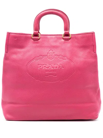 Pre-owned Prada 2013-2026 Vitello Daino Embossed Canapa Logo Open Convertible Tote Satchel In Pink