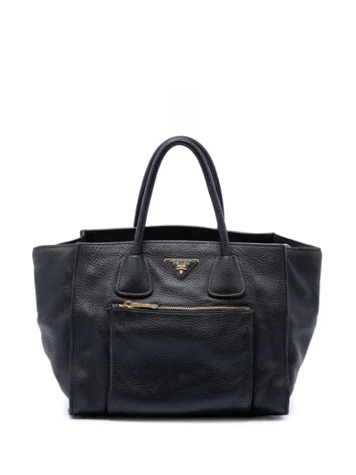 Pre-owned Prada 2013-2026 Vitello Daino Front Pocket Open Convertible Tote Satchel In 黑色