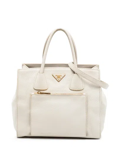 Pre-owned Prada 2013-2026 Vitello Daino Front Pocket Open Convertible Tote Satchel In White