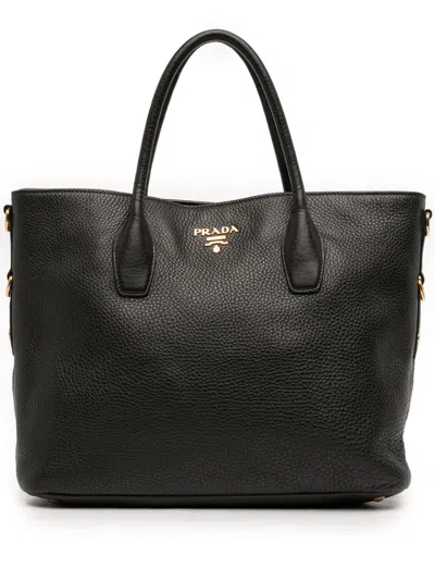 Pre-owned Prada 2013-2026 Vitello Daino Open Convertible Tote Satchel In Black