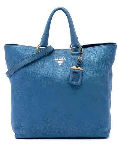Pre-owned Prada 2013-2026 Vitello Daino Open Convertible Tote Satchel In Blue