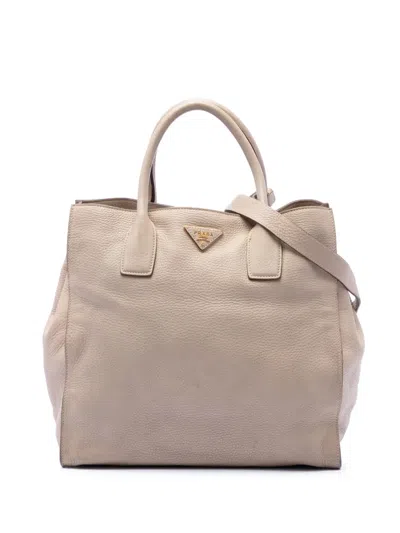 Pre-owned Prada 2013-2026 Vitello Daino Open Convertible Tote Satchel In Neutral