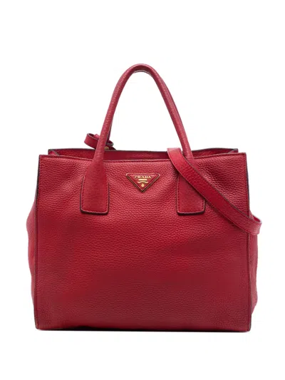 Pre-owned Prada 2013-2026 Vitello Daino Open Convertible Tote Satchel In Red