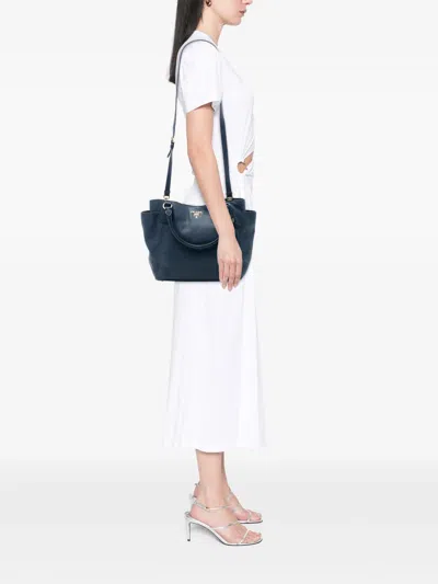 Pre-owned Prada 2013-2026 Vitello Daino Side Pocket Convertible Tote Satchel In Blue