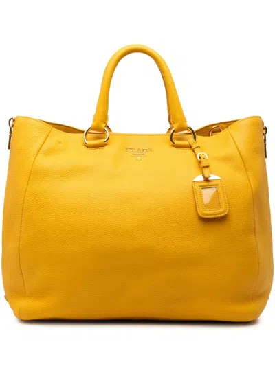 Pre-owned Prada 2013-2026 Vitello Daino Side Zip Convertible Tote Satchel In Yellow