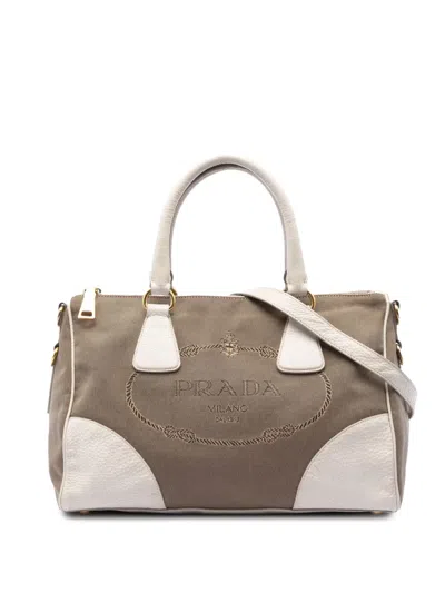Pre-owned Prada 2013-2026 Vitello Daino Trimmed Canvas Canapa Logo Satchel In Brown