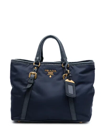 Pre-owned Prada 2013-2026 Vitello Daino Trimmed Tessuto Satchel In Blue