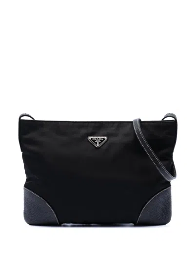 Pre-owned Prada 2013-2026 Vitello Daino Trimmed Tessuto Zip Top Crossbody Bag In Black