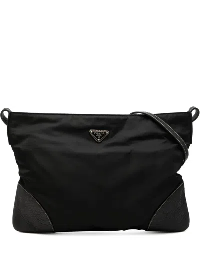 Pre-owned Prada 2013-2026 Vitello Daino Trimmed Tessuto Zip Top Crossbody Bag In Black
