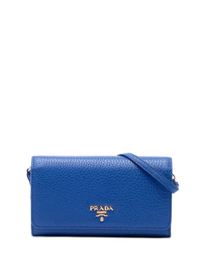 Pre-owned Prada 2013-2026 Vitello Daino Wallet On Strap Crossbody Bag In Blue