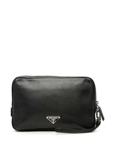 Pre-owned Prada 2013-2026 Vitello Daino Wristlet Clutch Bag In Black