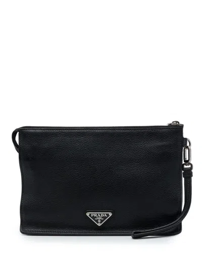 Pre-owned Prada 2013-2026 Vitello Daino Wristlet Clutch Bag In Black